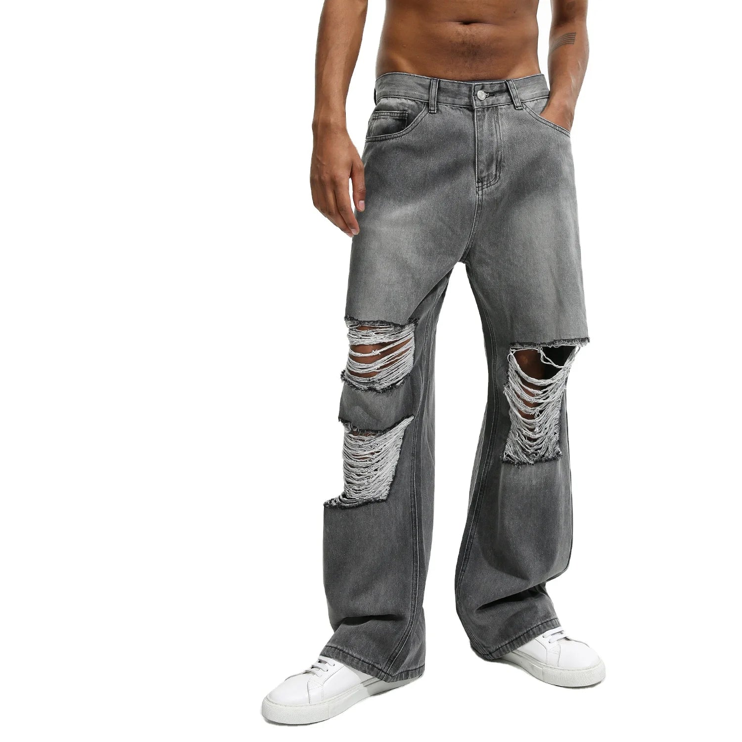 2024 Wholesale HighStreet Jeans Quality Knee Hole Design Straight Men Jean Washed Style Distreeted Jeans