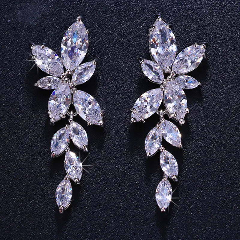 CAOSHI Silver Color Austrian Crystal Cubic Zirconia Diamond Brass Bridal Long Earrings for Women CZ Wedding Pendant Earrings