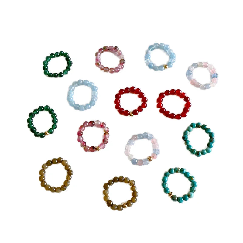 2025 Trendy Ring with Natural Stones Small Gold Bean Beaded Elastic Rope Fashion Ring
