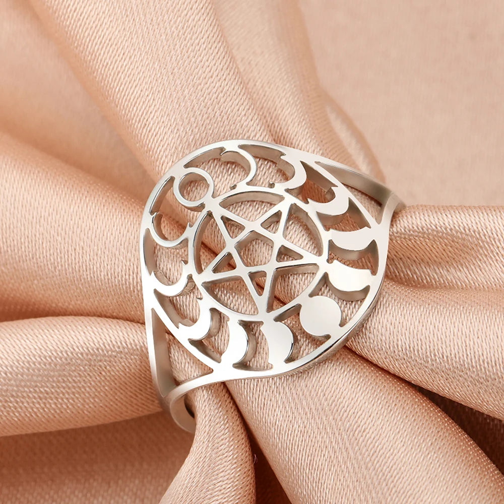 Myshape Moon Phase Pentagram Star Women Ring Tree of Life Crescent Moon Classic Symbol Stainless Steel Jewelry
