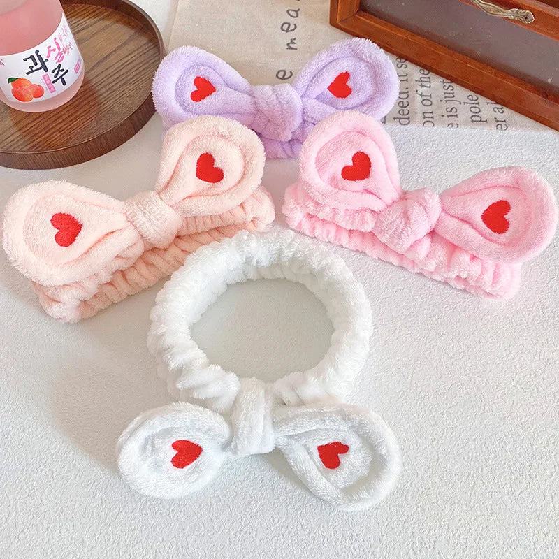 Korean Style Solid Color Hairband for Women Simple Heart Embroidery Butterfly Design Absorbent Flannel for Face Washing Headband