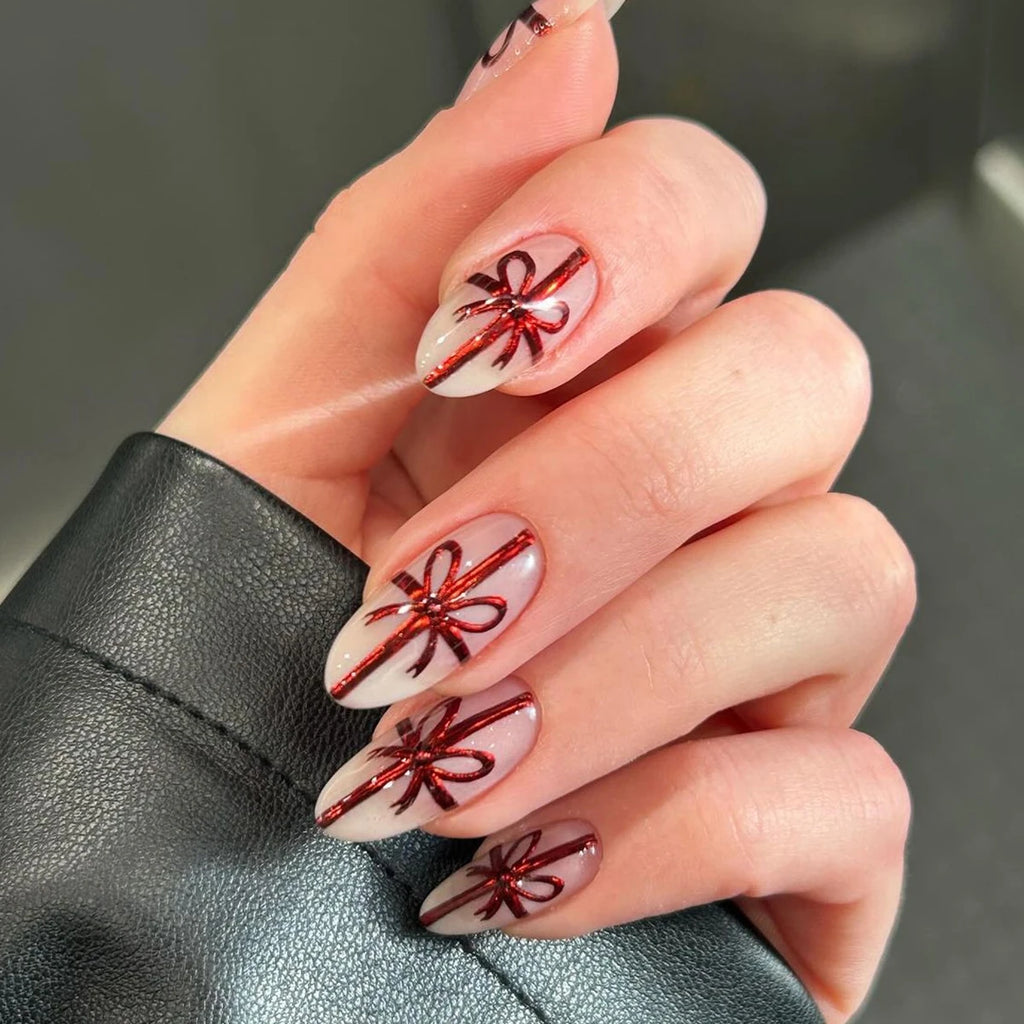 24 Pcs Christmas Bow and Rhinestone Almond Shaped Nail Art Press on Nails Artificial Fingernails False Nails Customize 3451 3642