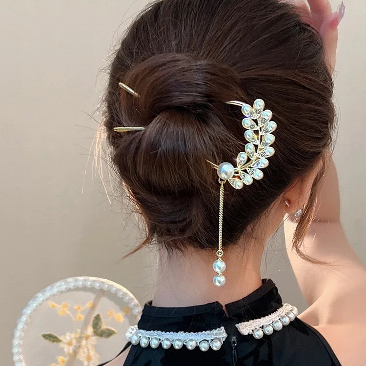 Chinese U Shape Hair Stick Women's Pearl Chain Tassel Hairpin Ancient Hair Bun Forks Chopsticks Rhinestone Hanfu Hair Jewelry