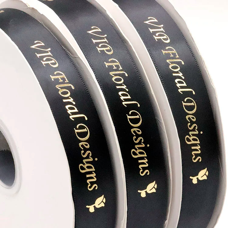 Custom Printed Eco-friendly Recycled 3D Gold Foil Satin Ribbon 100% Polyester Logo Package Single Face Decoration Black/White