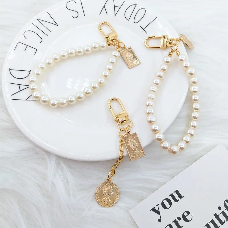 Retro Beauty Female Head Pearl Keychain Keyring Personalizado Key Ring With  the Square Charms