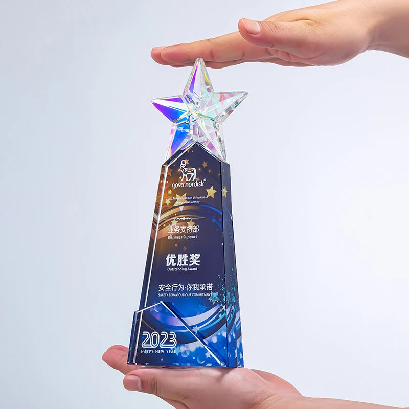 Customizable Five-Pointed Star Crystal Trophy Creative Annual Meeting Large Event Award Colorful Stereo Carved Model for