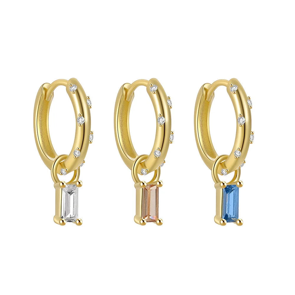 925 Sterling Silver Blue Yellow Rectangle Zirconia Pendant 18K PVD Gold Plated Huggie Earrings Gift for Woman