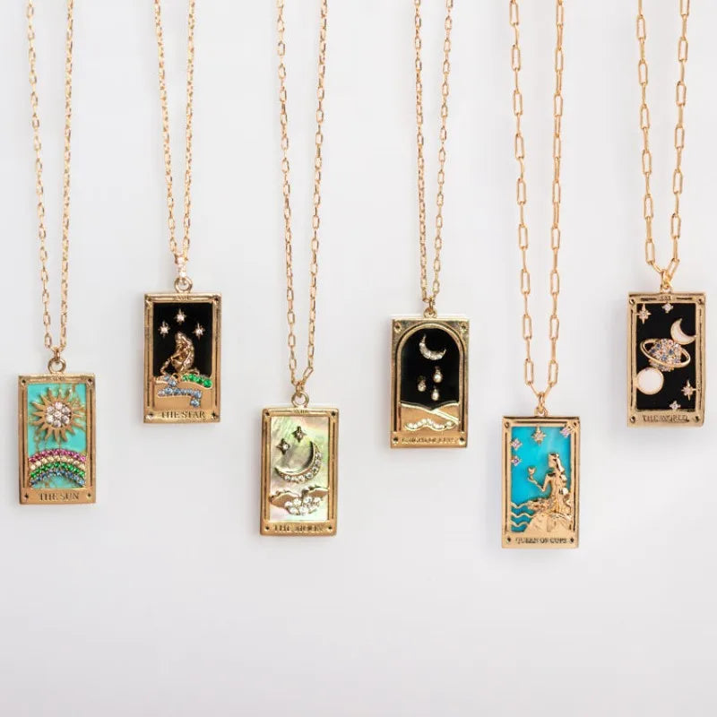 Hot Sales Enamel Zirconia 14K Gold Sun Moon Star Design Tarot Card Square Pendant Necklace