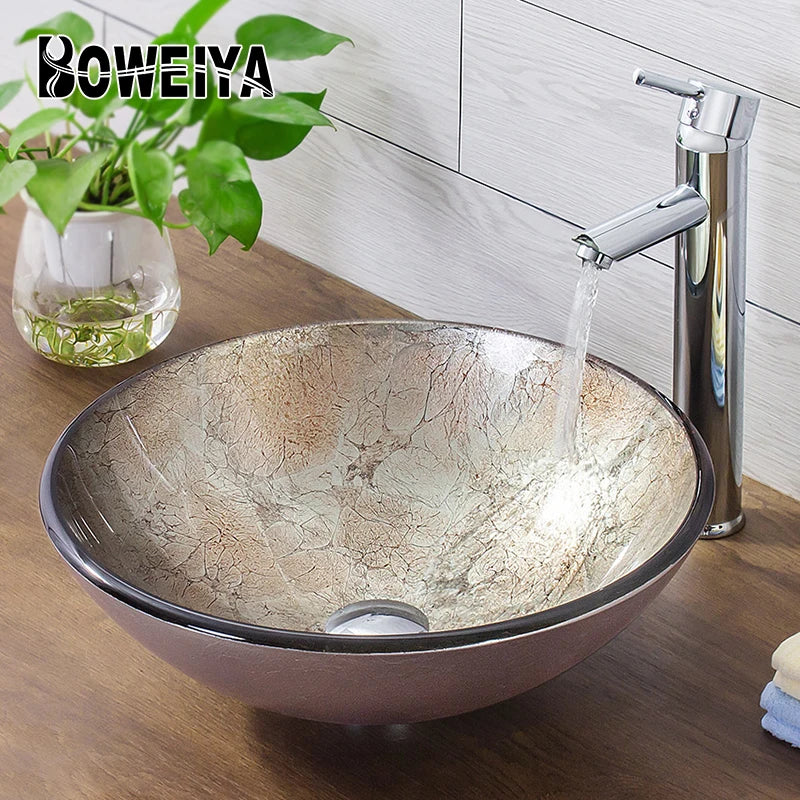 Boweiya Custom Tempered Glass Wood Color Glossy Minimalist Easy Clean Small Modern Design Toilet Basin Bathroom Vanity Sinks MegaBDM