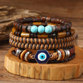 Wholesale Cheap Bohemian Style Lucky Blue Evil Eye Charm Natural Stone Turquoise Black Brown Wood Bead Bracelet Set for Men