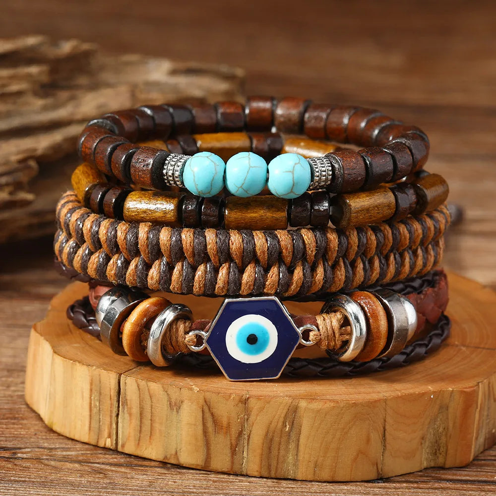 Wholesale Cheap Bohemian Style Lucky Blue Evil Eye Charm Natural Stone Turquoise Black Brown Wood Bead Bracelet Set for Men