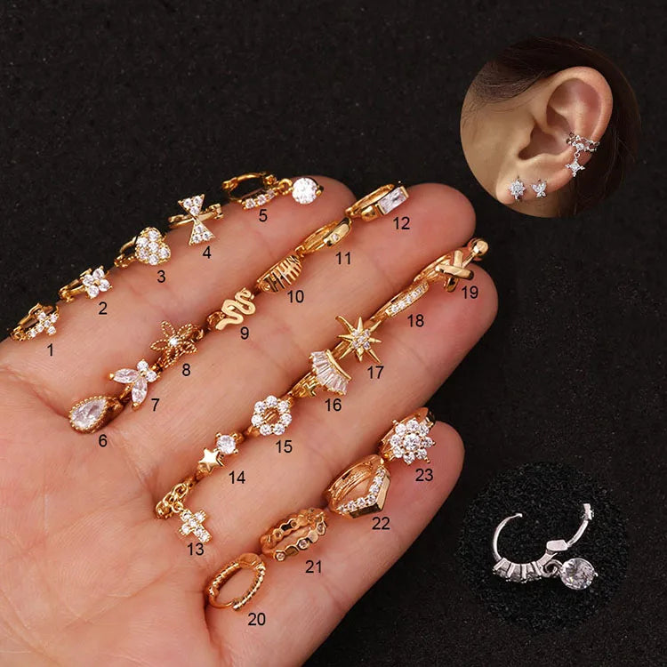 Copper Jewelry Colorful Heart Butterfly Flower Cross Zirconia Screw Back Piercing Ear Bone Stud Hoop Earring