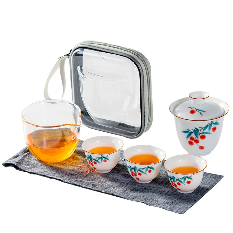 Portable Travel Tea Set Hand-Painted Jade Stoneware Eco-Friendly Asian Zen Quick-Brew Kung Fu Tea Ensemble with One Pot Two Cups