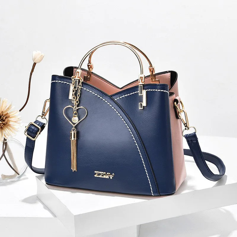Luxury Handbags Stitching Color Leather Tote Bag Shoulder Women's Hand Bags Fashion Pendant Office Bags for Ladies