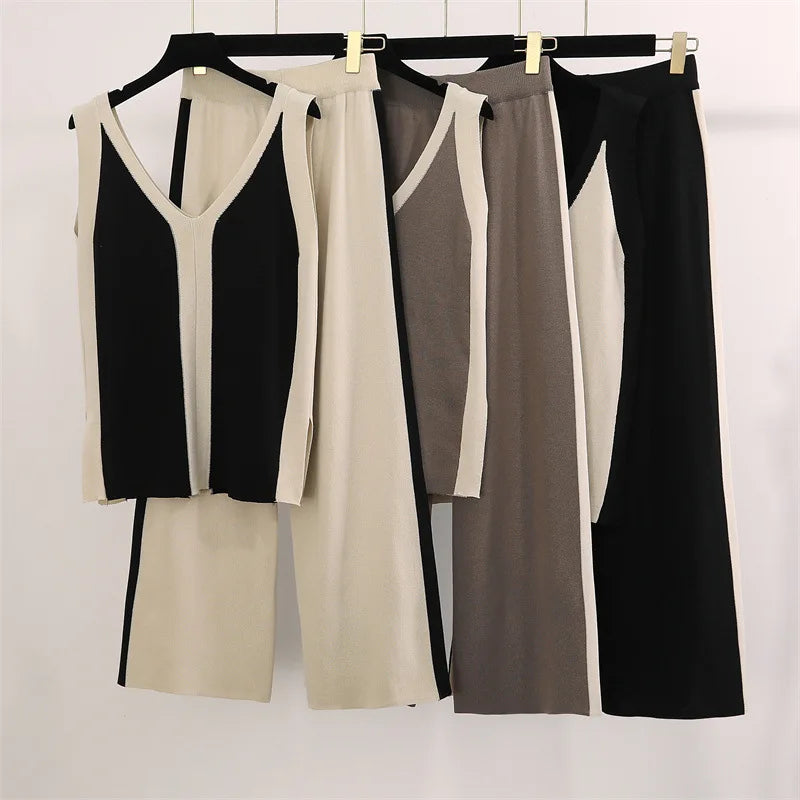 Wholesale 2026 Autumn New Fashion Colored V-neck Vest Knitted Split Top Colored Wide Leg Pants Knitted Women's Set