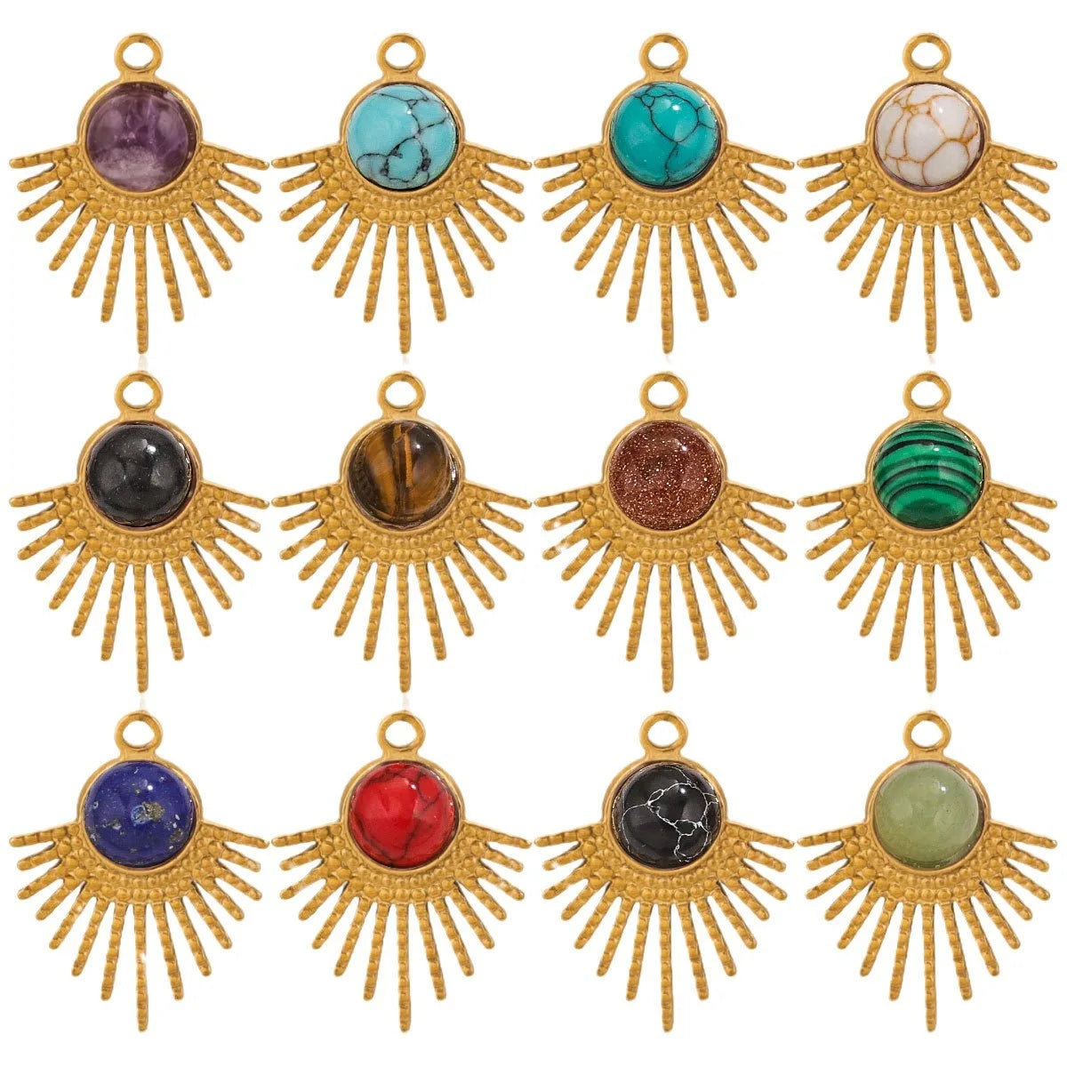 26*20.5mm Stainless Steel Fan Pendant with Natural Gemstone Radiating Sun Dangle Diy Jewelry Findings