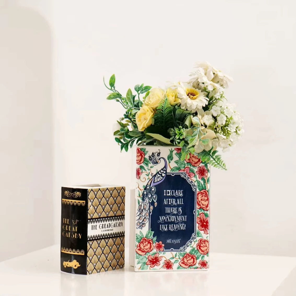 Light Luxury Modern Decor Creative Book Vase Ceramic Flower Vases for Home Hotel Desktop Bookshelf Office Christmas