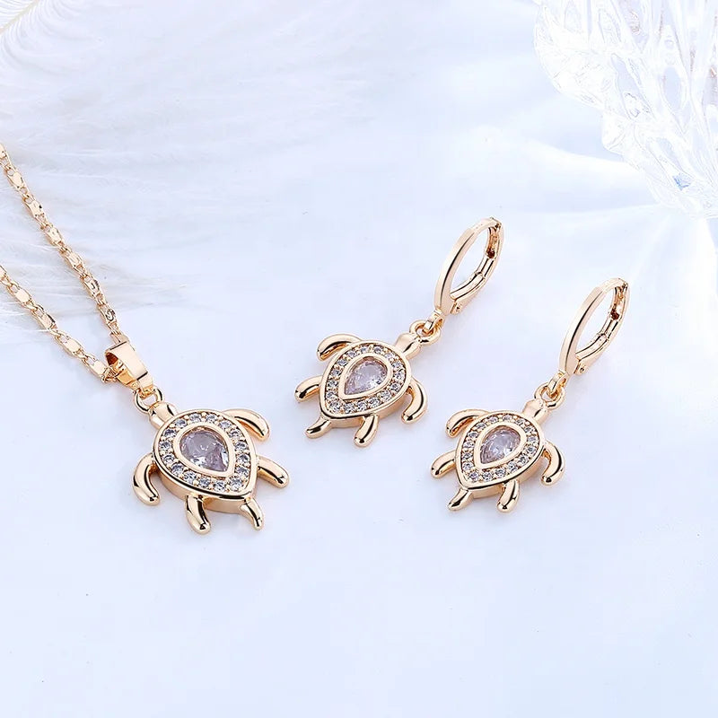 Fashion Jewellery 18 Carat Gold Plated 3 Piece Jewelry Set Cubic Zirconias Cz Turtle Pendant Necklace Jewellery Sets for Women