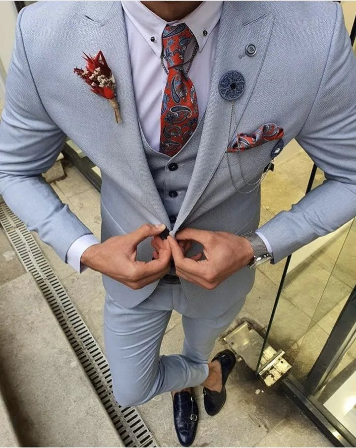 Grey Beige 3pcs Men Suit Tailor Made Terno Wedding Suit Slim Fit Groom Tuxedo Tailored Business Formal Suit (Jacket+Pants+Vest)
