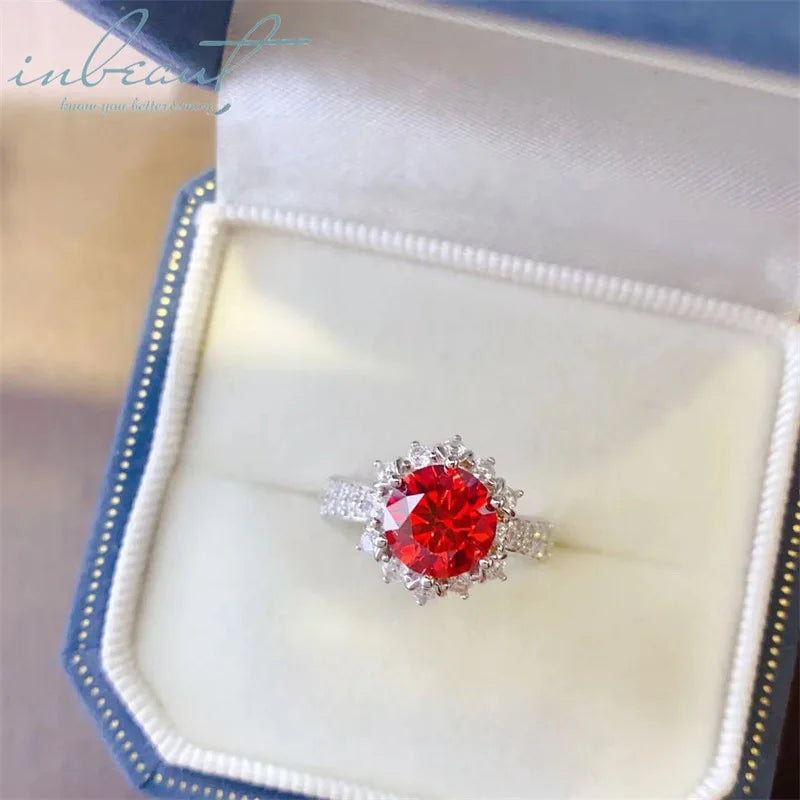 Silver 925 Original 2 Carat Brilliant Cut Diamond Test Past Sparkling Red Moissanite Snowflake Ring for Women Gemstone Jewelry