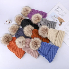 Womens Winter Knitted Beanie Hat With Fur Pom Fleece Lined Warm Beanie
