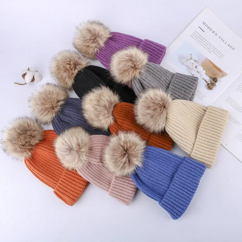 Womens Winter Knitted Beanie Hat With Fur Pom Fleece Lined Warm Beanie