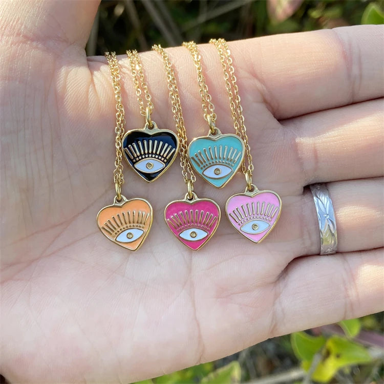 Fine Evil Eye Zircon Stainless Steel Enamel Heart Pendant Necklace with Link Chain for Women Wedding & Party Occasions