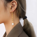 ES1131 Autumn Fall Jewelry 18K Gold Stainless Steel Horseshoe Link Chain with Baroque Pearl Drop Charm Stud Earrings for Ladies