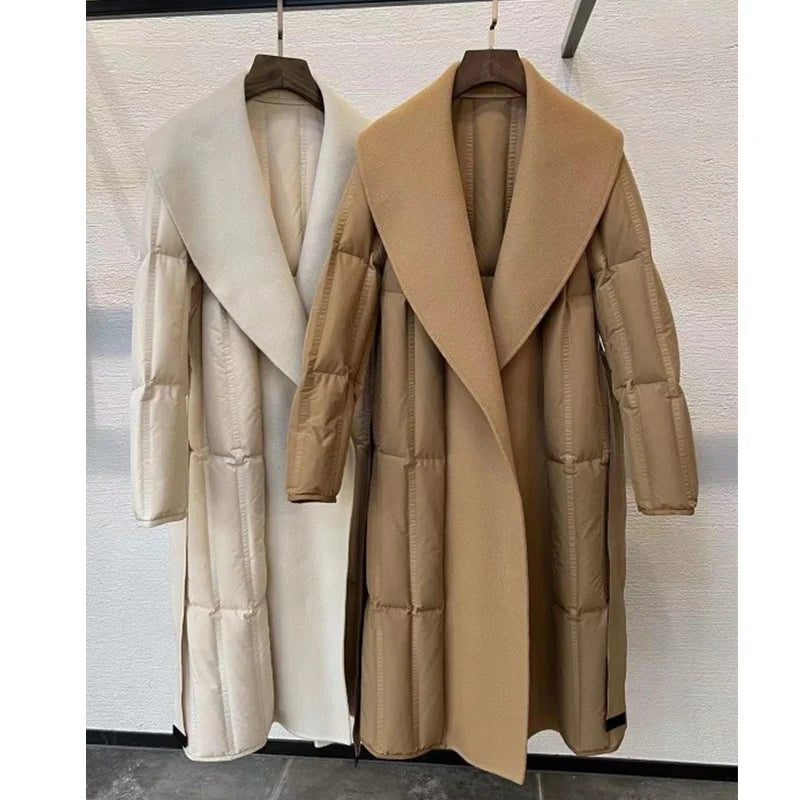 OFTBUY 2023 Women's Luxury Warm Thick Goose-Filled Cashmere Coat Double Sided Windproof Long Overcoat New Winter Fashion