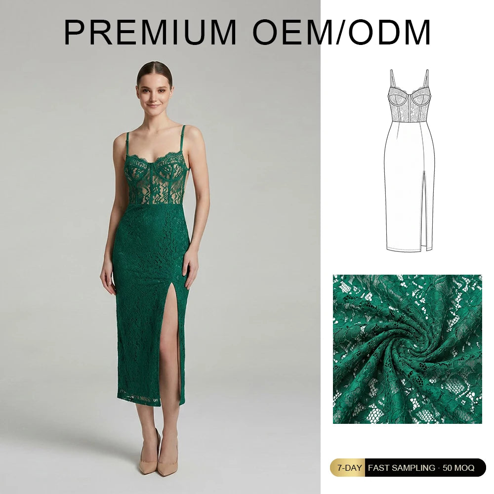 Brand Customization SMO Elegant Party Romantic Green Lace Suspender Dress Temperament Slit Mid-length Slim Backless Dress