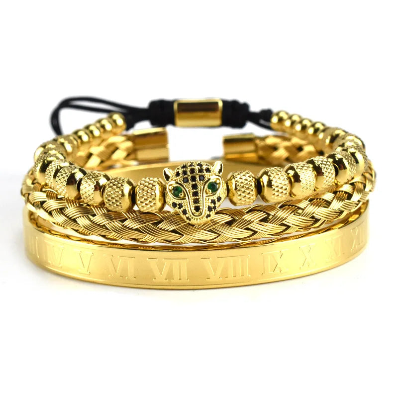 Gold Plated Stainless Steel Bracelet Leopard Head Braided Beaded Set Bangle Bracelet  Fashion Jewelry