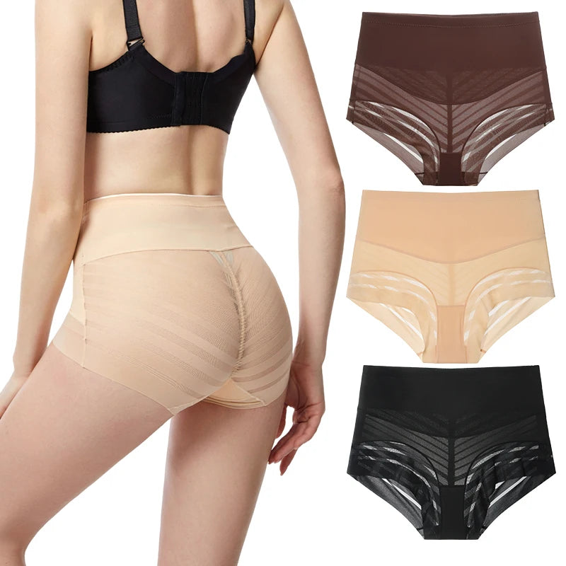 Women Tummy Control Briefs Stripe Lace Mid-Rise Underwear Plus Size Control Shapewear Panties Icesilk Sexy Butt Lifter Panty