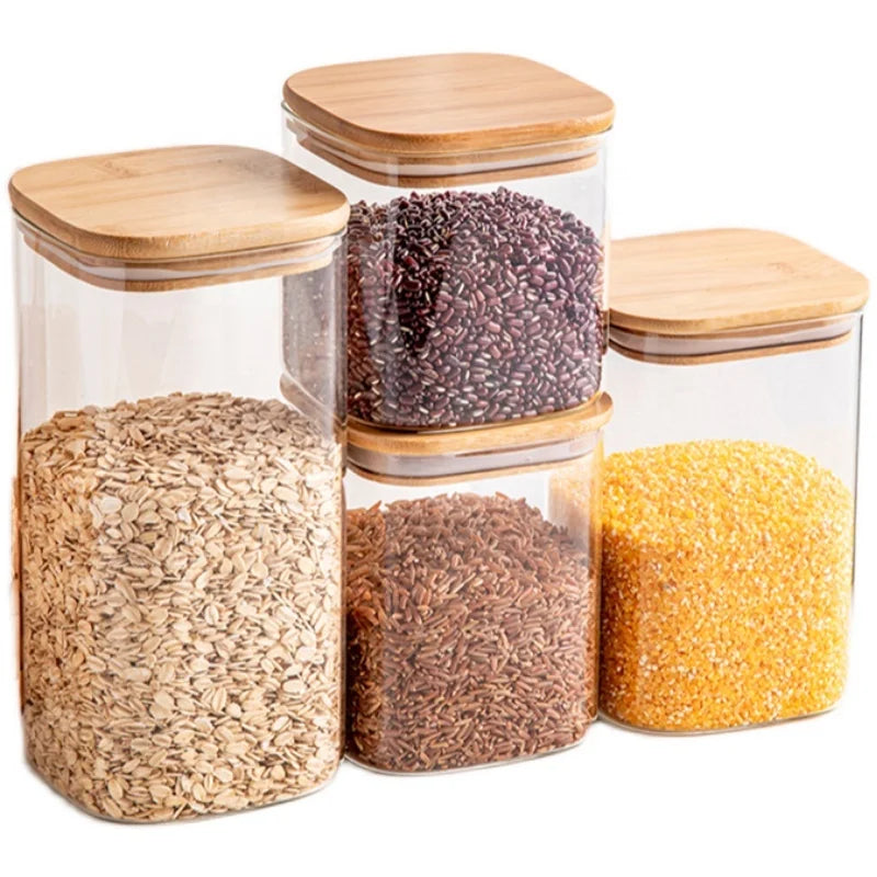 Kitchen Airtight Glass Food Storage Jars with Bamboo Lids Household Glass tank square  glassware sealed Glass Containers