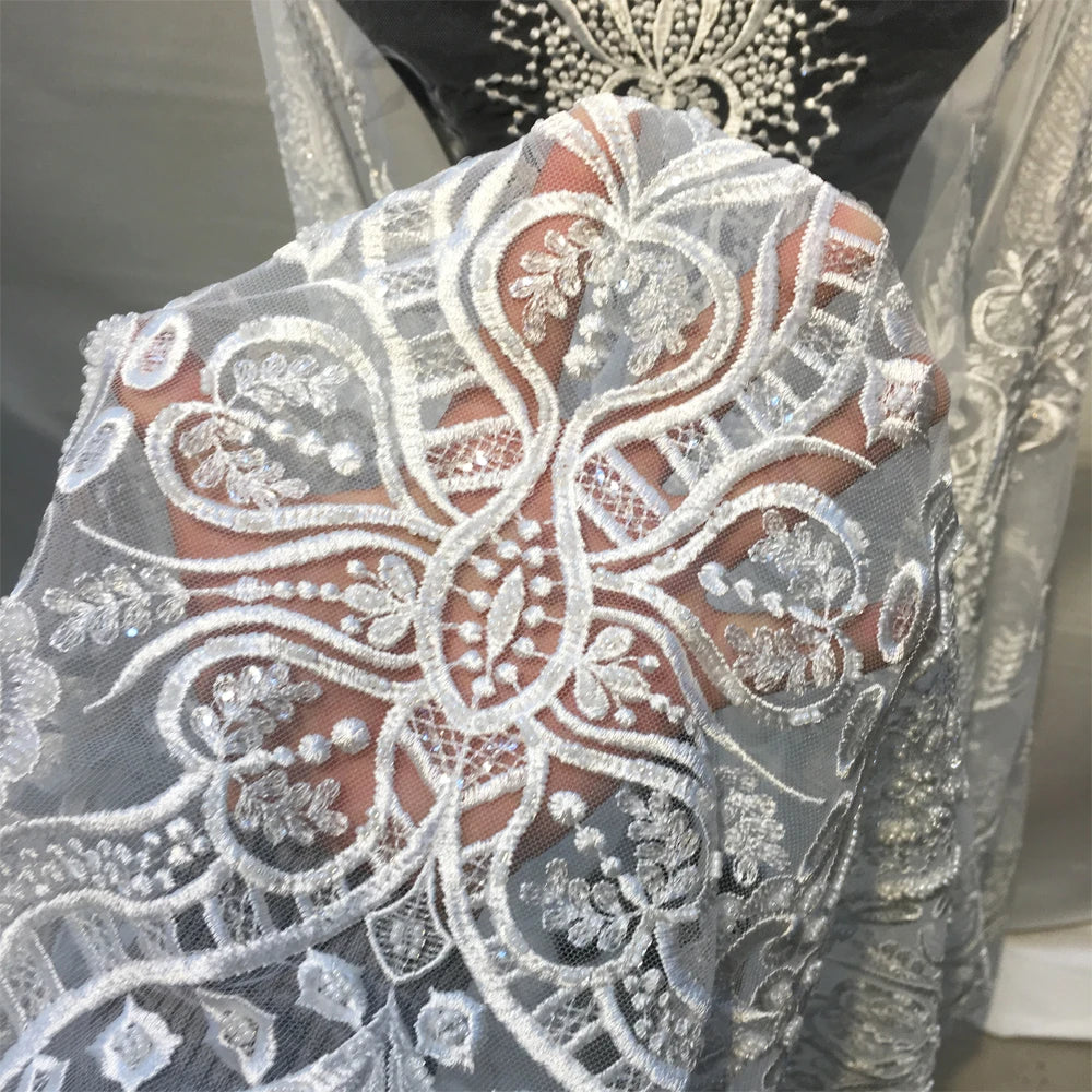 2026 Custom Luxury Embroidered African French Tulle Lace Ivory White Handmade Heavy Beaded Lace Fabric for Wedding Dress