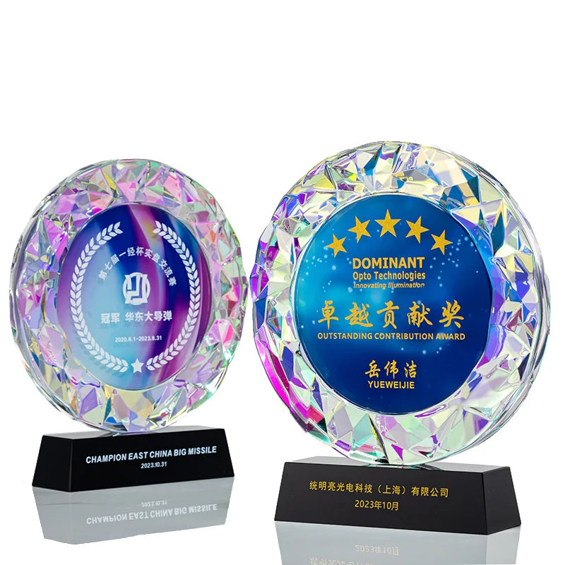 WDY Small Bridge Customize Design Rainbow Crystal Round Trophy Color UV Printing Laser Engraved Round Glass Awards Plaque