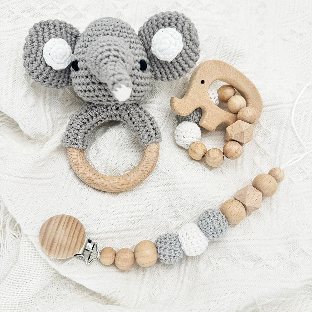 100% Cotton Handmade Amigurumi Elephant Beech Wood Crochet Animal RattleTeething Toys