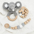 100% Cotton Handmade Amigurumi Elephant Beech Wood Crochet Animal RattleTeething Toys