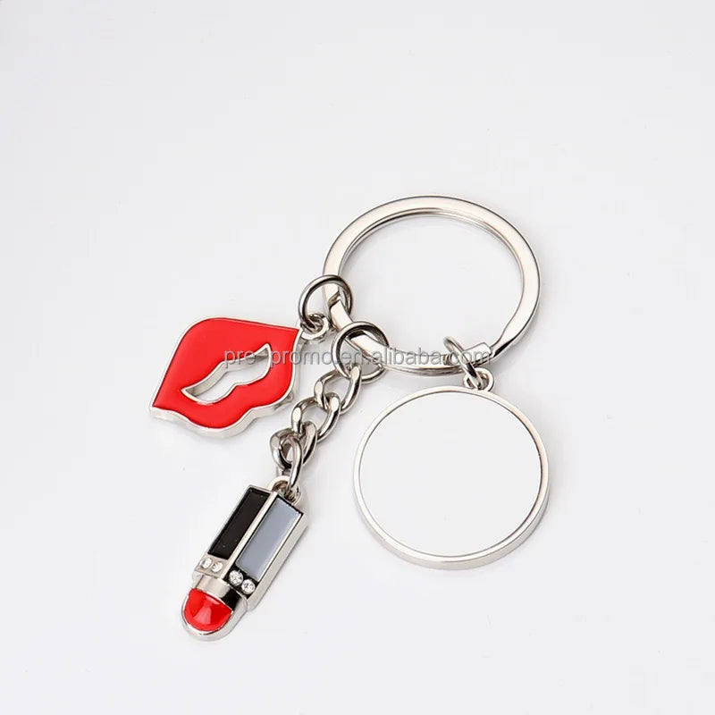 Custom Wholesale DIY Blank Circle Metal Sublimation Round Keychain with Lipstick Red Lips