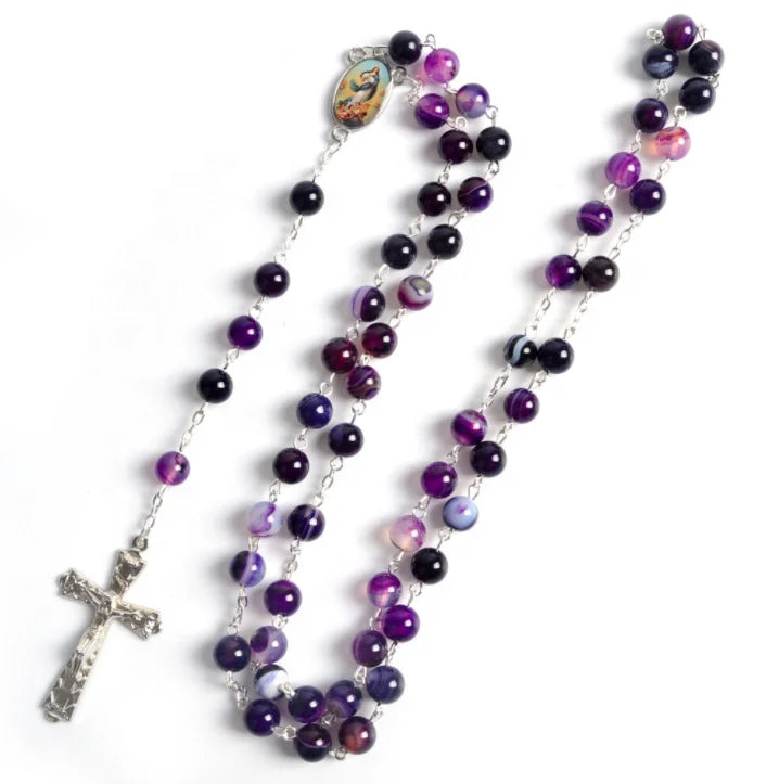 Natural Purple Ribbon Agate Natural Stone Round Bead Rosary Necklace