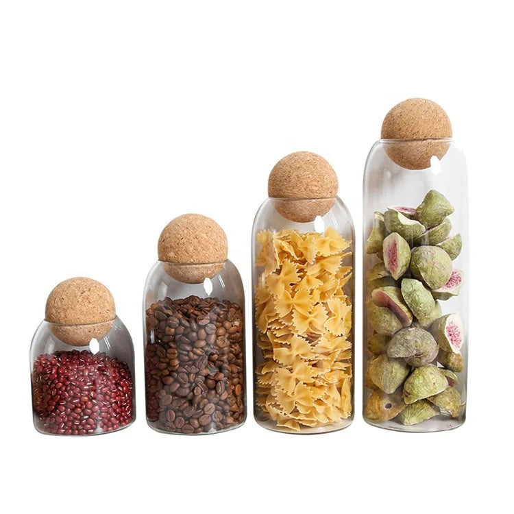 Handmade Borosilicate Glass Canister Jars with Wood Lid and Cork for Ball Stopper Stylish Cover for Food & Condiments Storage