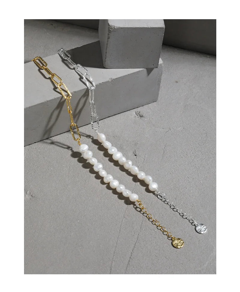 VIANRLA 925 Sterling Silver Freshwater Pearl Bracelet with Paper Clip Chian Link Bracelet