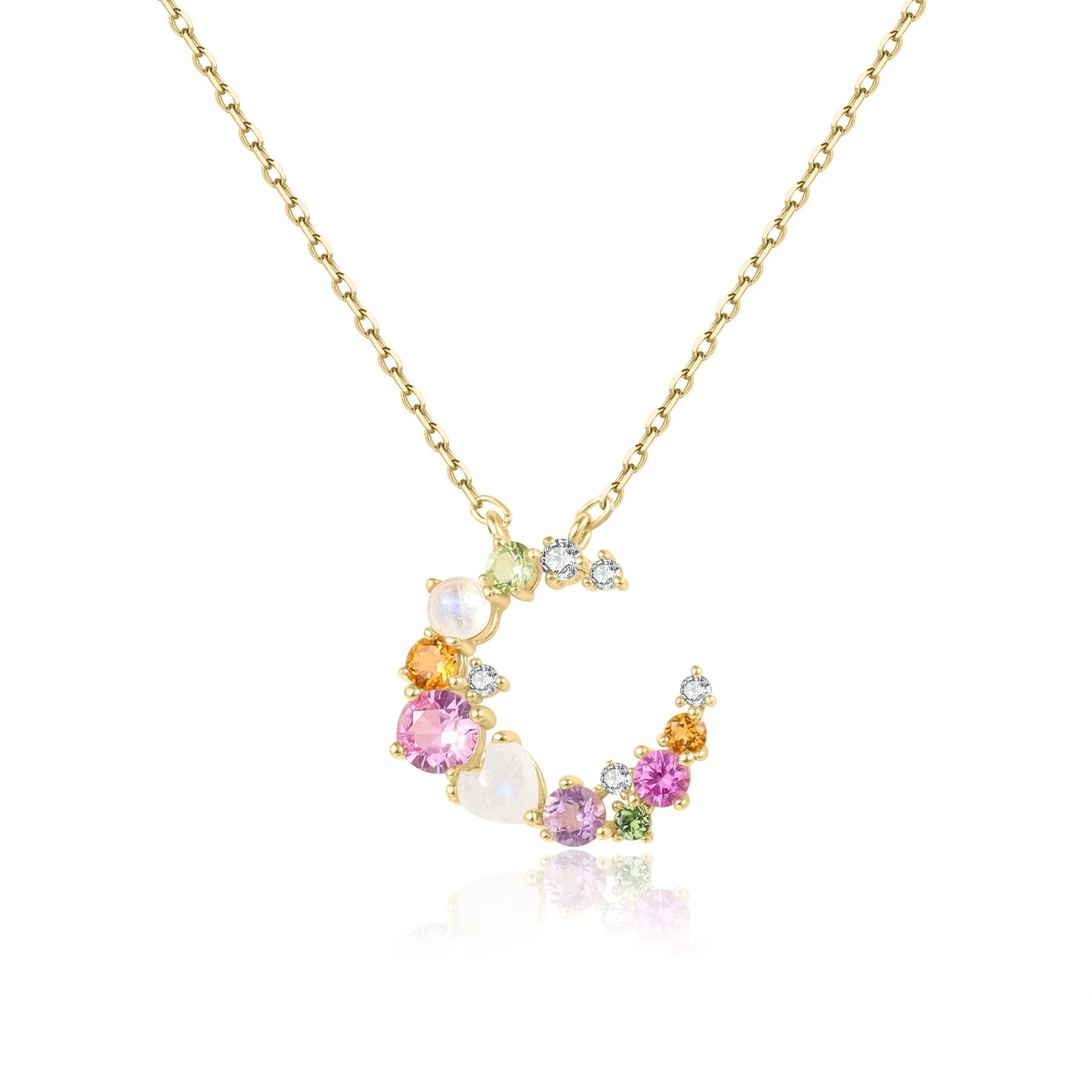 Abiding Colorful Gemstones Rainbow Shiny Half-moon 925 Silver Yellow Gold Plated Natural Moonstone Wreath Pendant Necklace