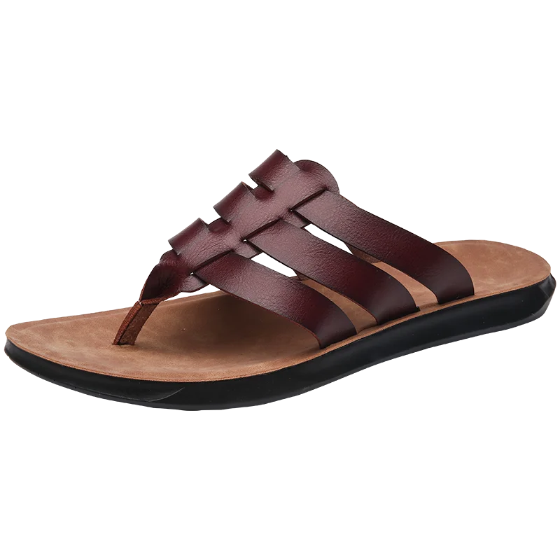 Factory Wholesale Outdoor Summer Beach Men's Fashion Flat Sandals Leather Upper Rubber Midsole Breathable Waterproof