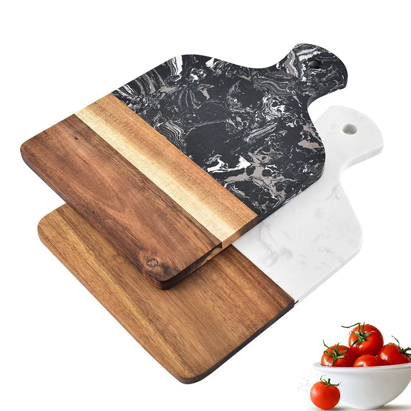 Natural Acacia Wood Cutting Board with Marble Slab Square Eco-Friendly Disposable Kitchen Tool Customizable Size with Handle