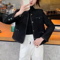 Autumn/Winter Women's Vintage Tweed Round Neck Pocket Single Breasted Versatile Long Sleeve Black Coat