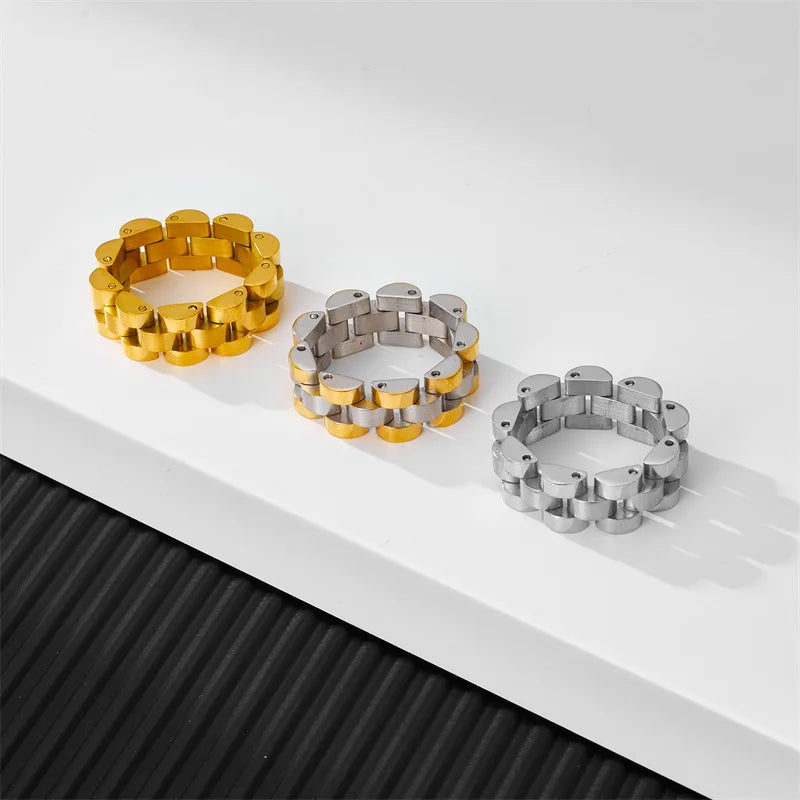 Custom Logo Packing Gold Plated Jewelry Watch Strap Band Ring Gold Hip Hop Stainless Steel Chain Ring Wholesale