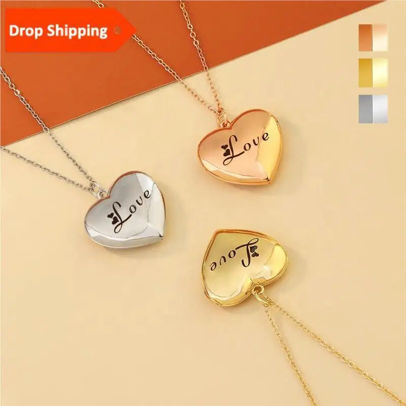 3 Colors Laser Engraved Magnetic Heart Pendant Photo Locket Necklace Stainless Steel Customize Valentine's Day Necklace