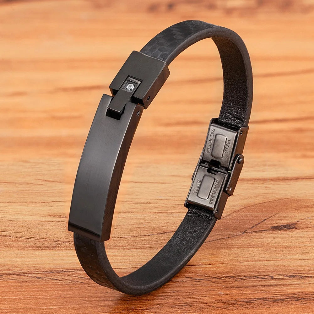 Wholesale Luxury Custom Logo Genuine Leather Bracelet Stainless Steel Clasp Bangle Leather Bracelet Jewelry for Men OT-304