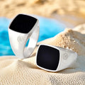 Jasen Hot Selling Natural Black Agate 925 Silver Iced Out Initial Ring Unisex Hip Hop Ring for Wedding Engagement Party