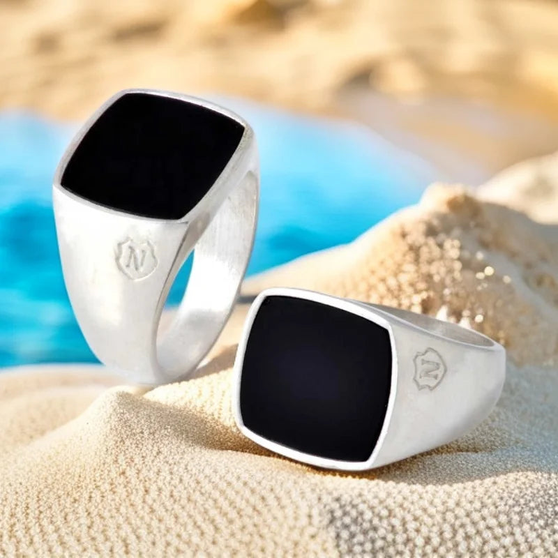 Jasen Hot Selling Natural Black Agate 925 Silver Iced Out Initial Ring Unisex Hip Hop Ring for Wedding Engagement Party